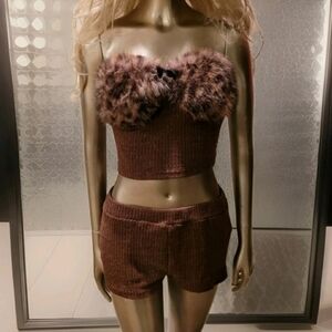 NWT Vintage Style Wild Leopard Faux Fur Tube Top & Mini Shorts Rave Club Set